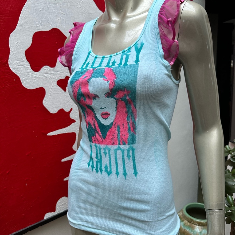 ⚡️Brigitte Bardot LUCKY distressed ribbed graffiti soft tank top ruffle sleeve S